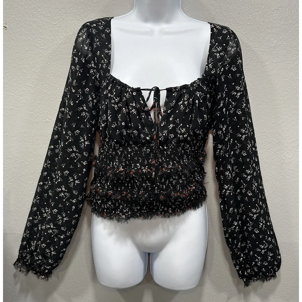 Free People Floral Mesh Blouse Women's Size XL Black Long Sleeves Pullover Boho